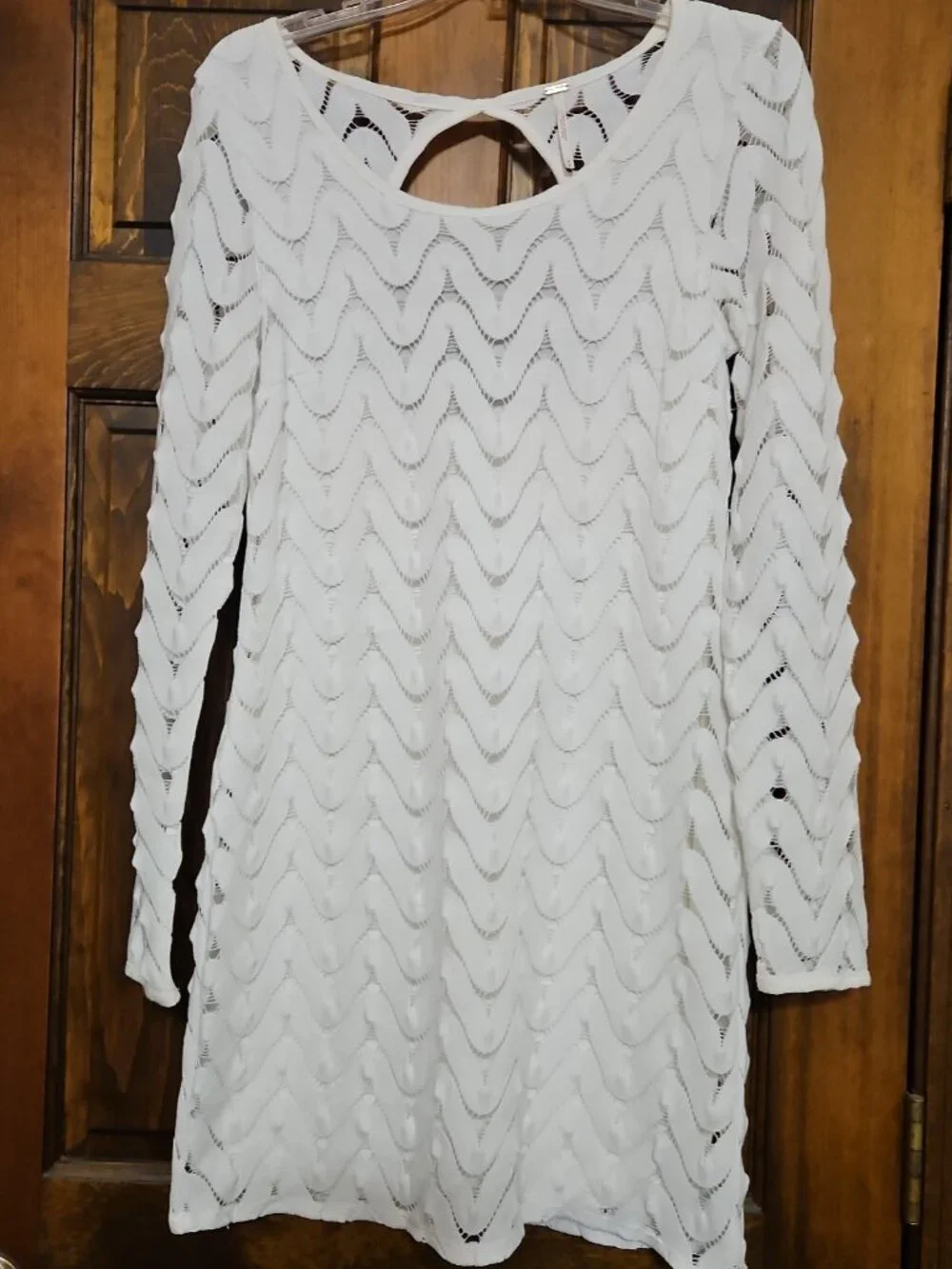 Free People Wild Thing Dress Sz M White Chevron Pattern Open Back Crochet L/S